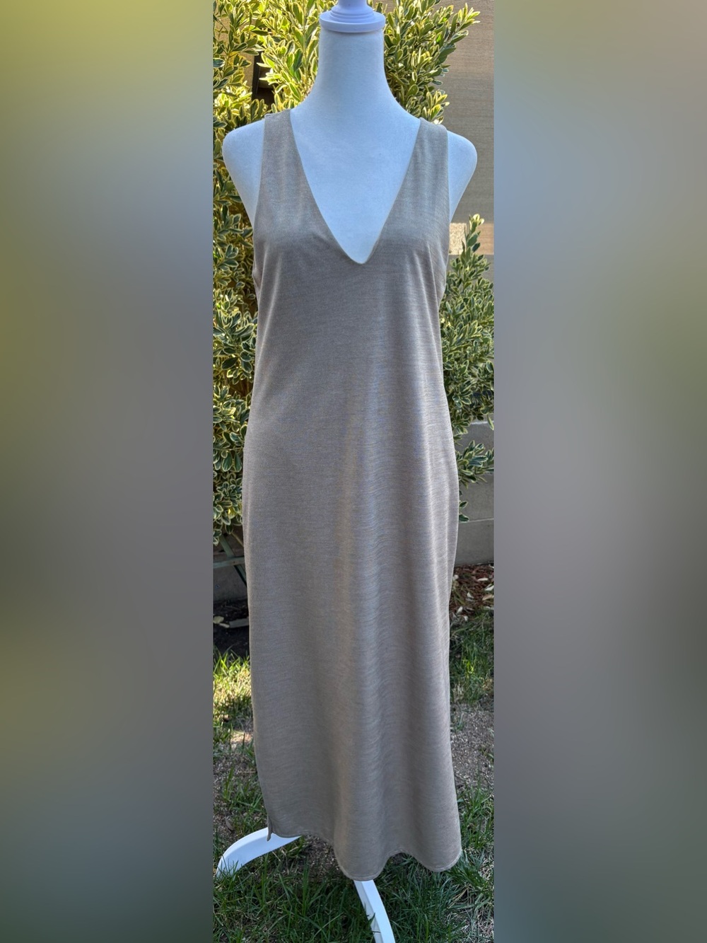 Zara Collection Taupe Open Back Knit Maxi Dress Metal Bar Detail Side Slits